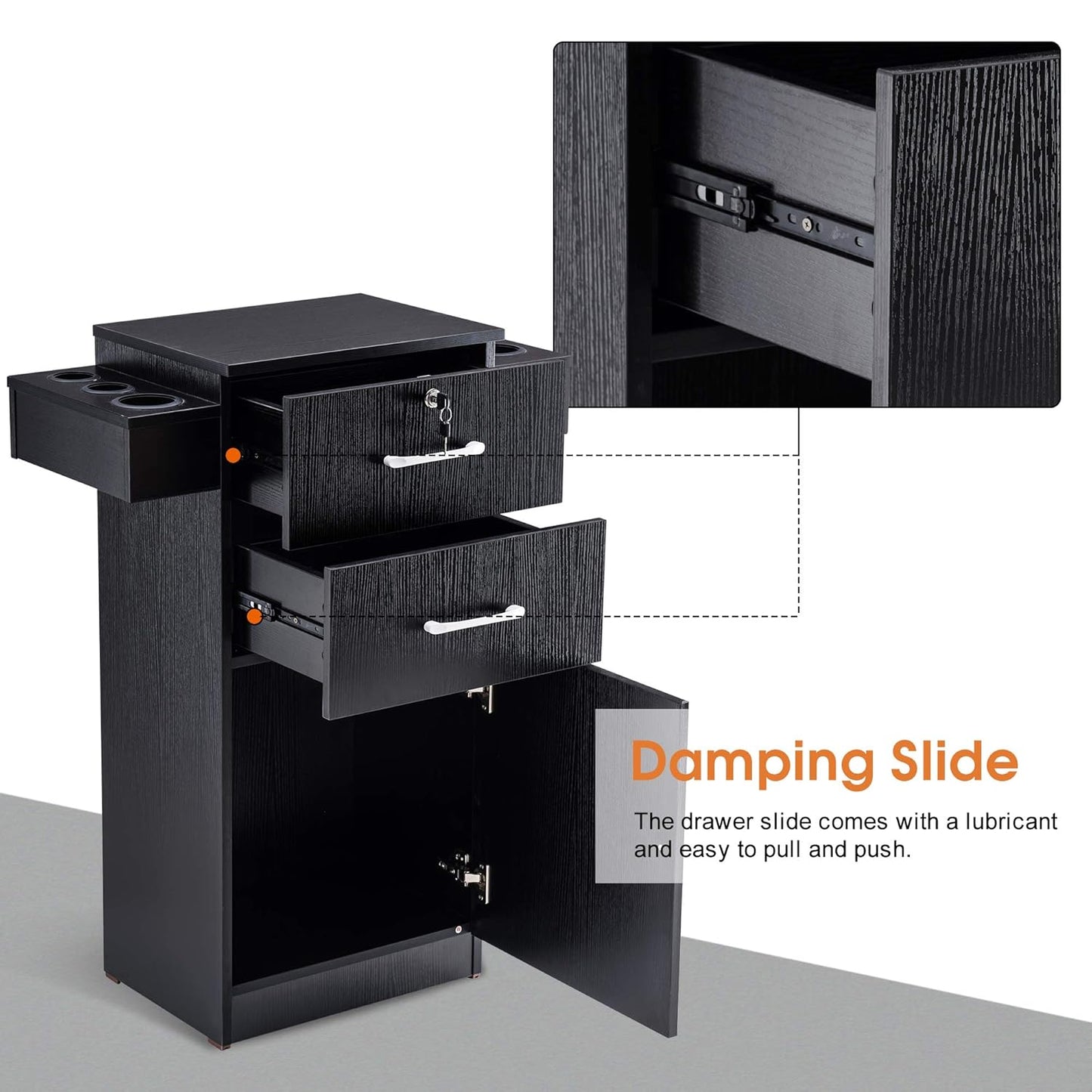 38"X18"X14" Locking Beauty Salon Storage Cabinet, Barber Styling Station with Nylon Hair Dryer Holder, Barber Shop Stylist Equipment with Drawers 2021 (Black)