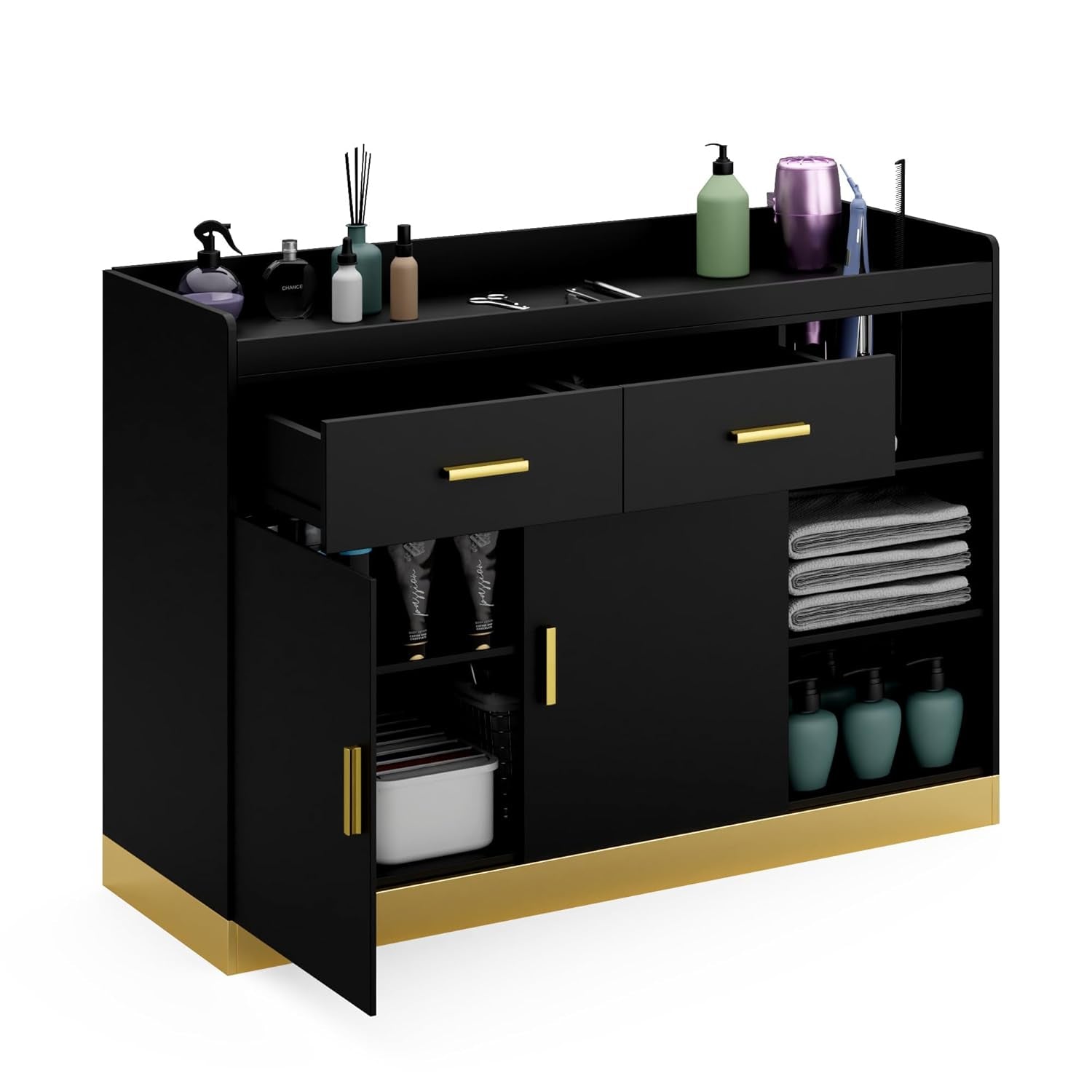 Salon Storage Cabinet Barber Station, Free Standing Hair Styling Station with Drawers, Hair Dryer Holders and Adjustable Shelves, Beauty Salon Spa Equipment