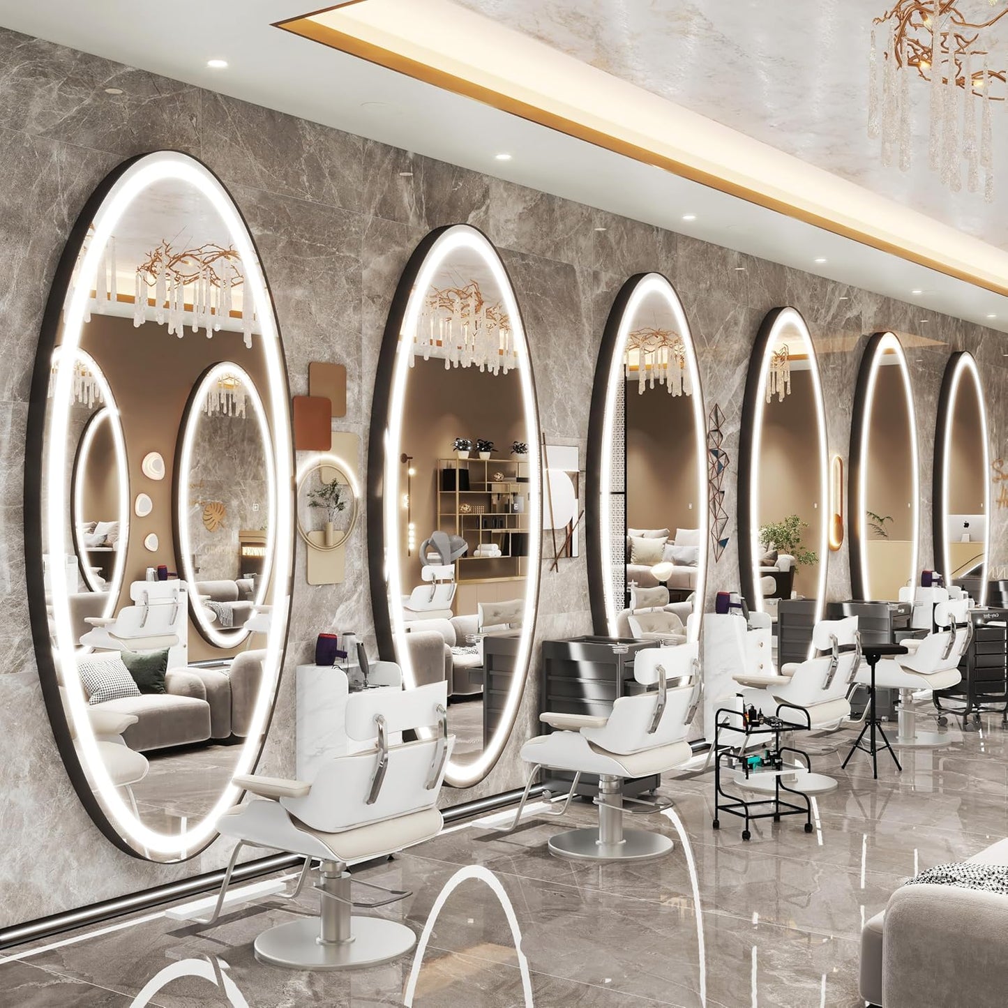 70" X 36" Large Wall Mounted Mirror with LED Lights, Oval Full Length LED Lighted Full Body Dressing Mirror for Bedroom, Salon, Brushed Aluminum Frame, Tempered Glass