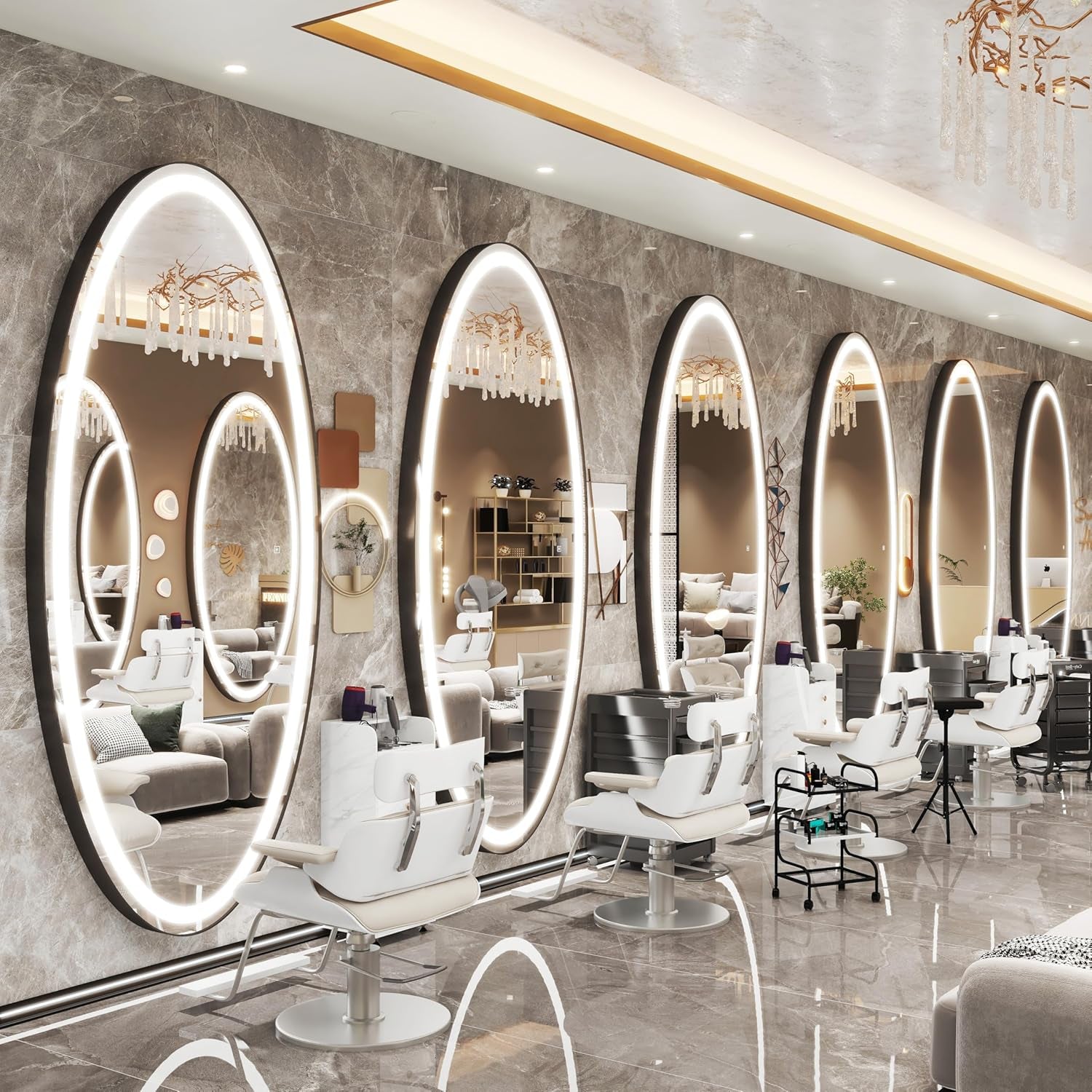 70" X 36" Large Wall Mounted Mirror with LED Lights, Oval Full Length LED Lighted Full Body Dressing Mirror for Bedroom, Salon, Brushed Aluminum Frame, Tempered Glass