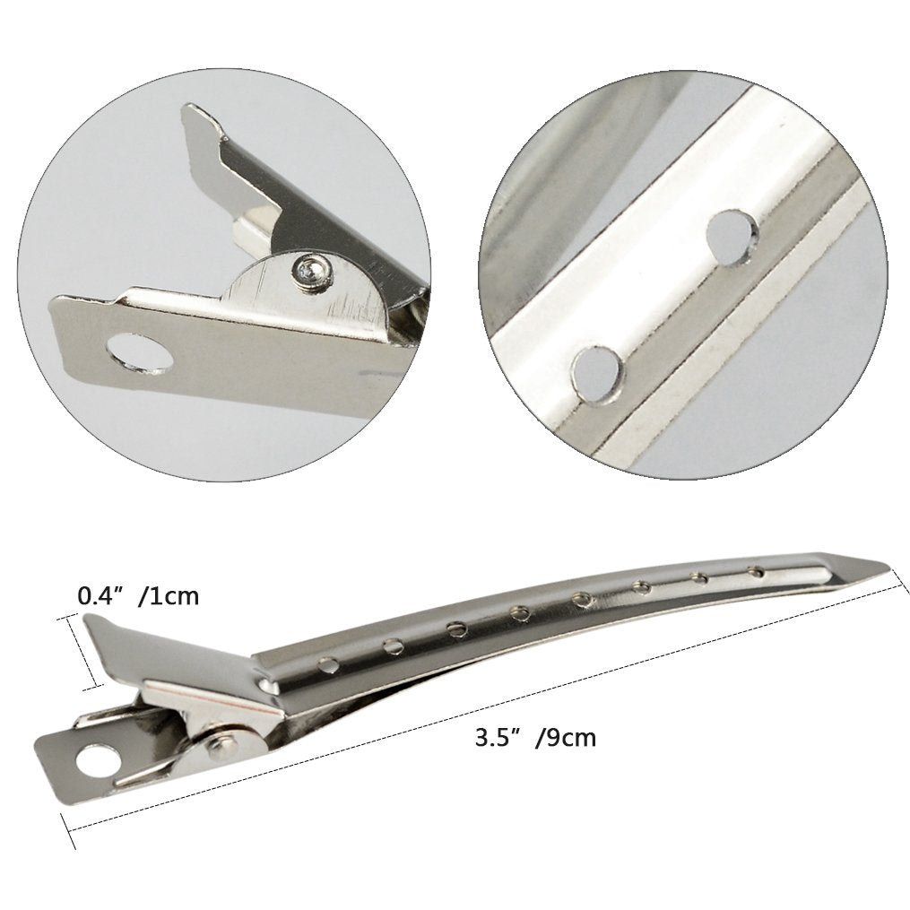 24 Packs Duck Bill Clips,  3.5 Inches Rustproof Metal Alligator Curl Clips with Holes for Hair Styling, Hair Coloring, Silver