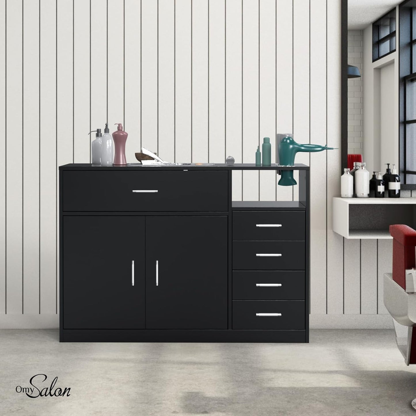 Salon Station Free Standing Cabinet, Barber Hair Styling Stations, Beauty Dresser Spa Bathroom Equipment with 5 Drawers, 1 Storage Cabinet, 3 Hair Dryer Holders, Black
