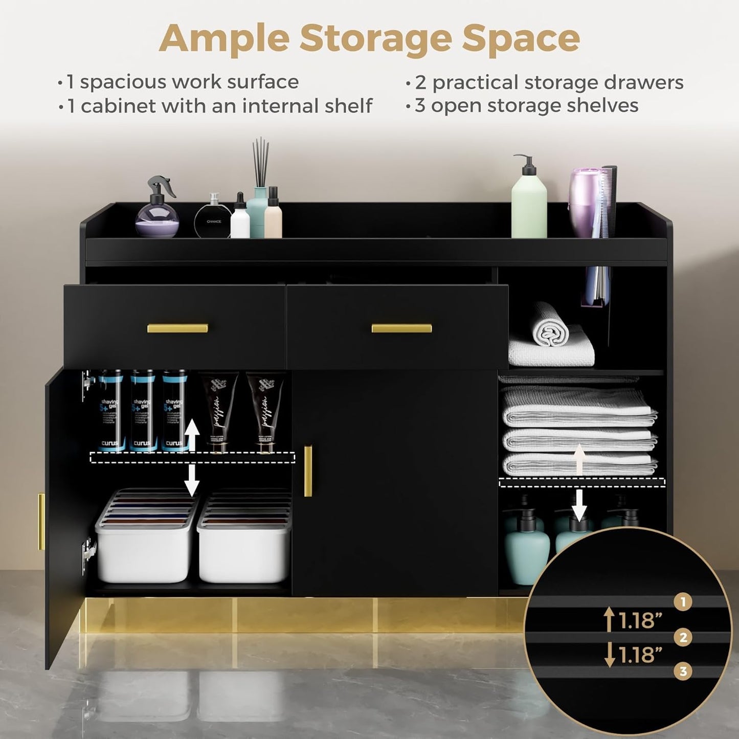 Salon Storage Cabinet Barber Station, Free Standing Hair Styling Station with Drawers, Hair Dryer Holders and Adjustable Shelves, Beauty Salon Spa Equipment