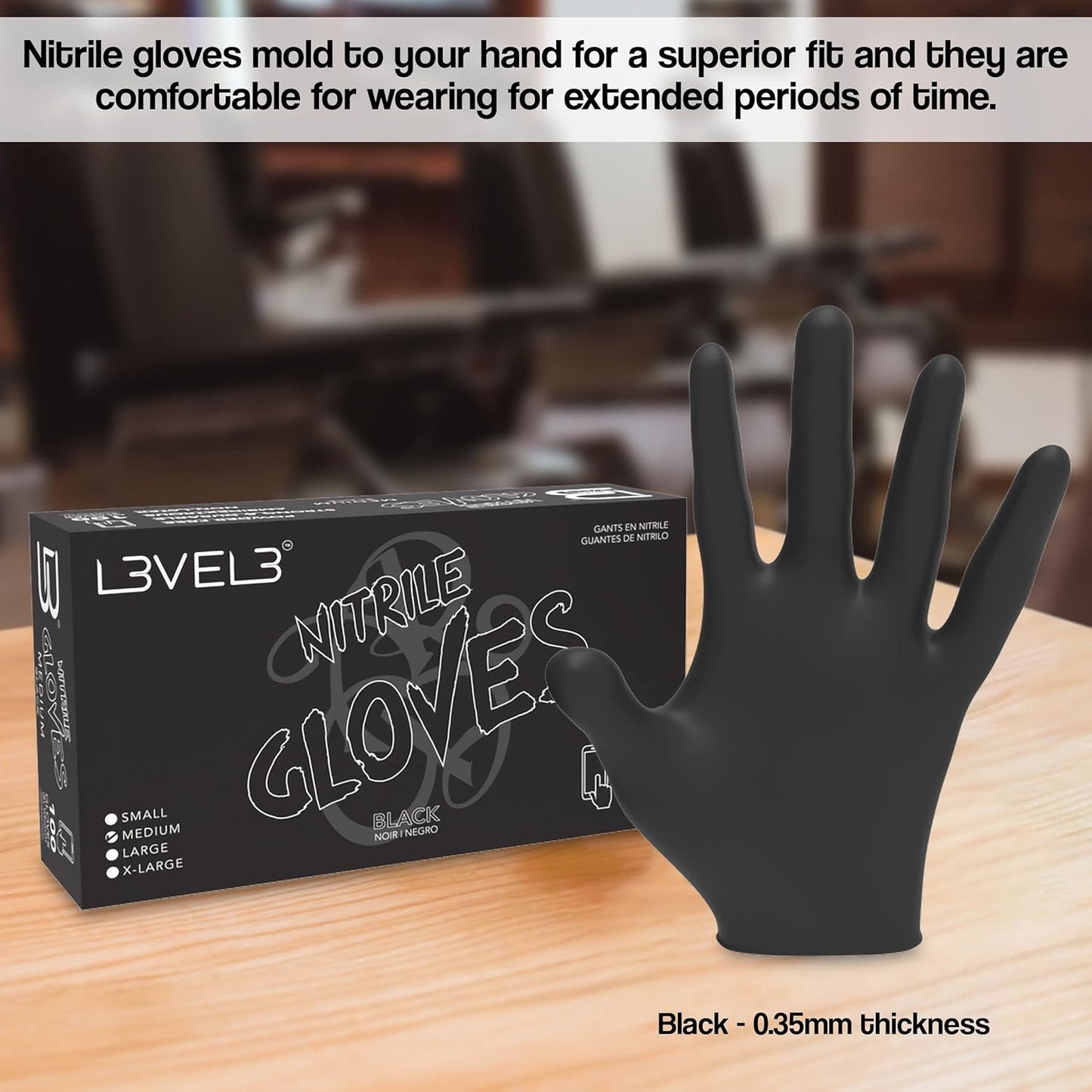 Level 3 Nitrile Gloves - Professional Heavy Duty Disposable Gloves - Latex Free - Fits Snug - Box of 100