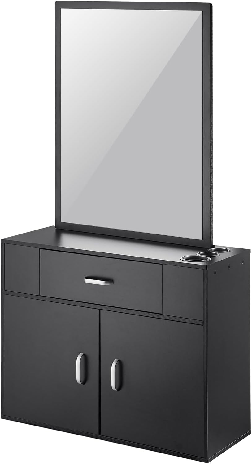 Salon Storage Cabinet, Wall Mounted Barber Salon Station for Hair Stylist, Hair Stylist Station Set, with 3 Sleeves, a Mirror, Double-Door Cabinet, and a Drawer, Black