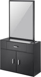 Salon Storage Cabinet, Wall Mounted Barber Salon Station for Hair Stylist, Hair Stylist Station Set, with 3 Sleeves, a Mirror, Double-Door Cabinet, and a Drawer, Black