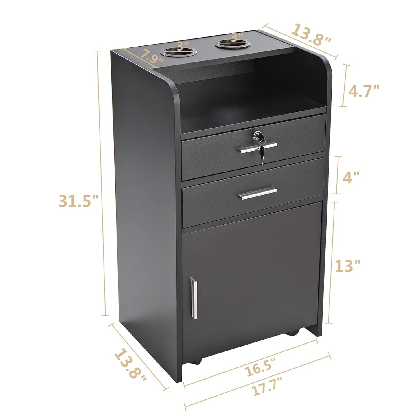 Beauty Salon/Barber Storage Cabinet Station with Locking Drawer and 4 Wheels, Hair Stylist Station with 2 Hair Dryer Holders, Black