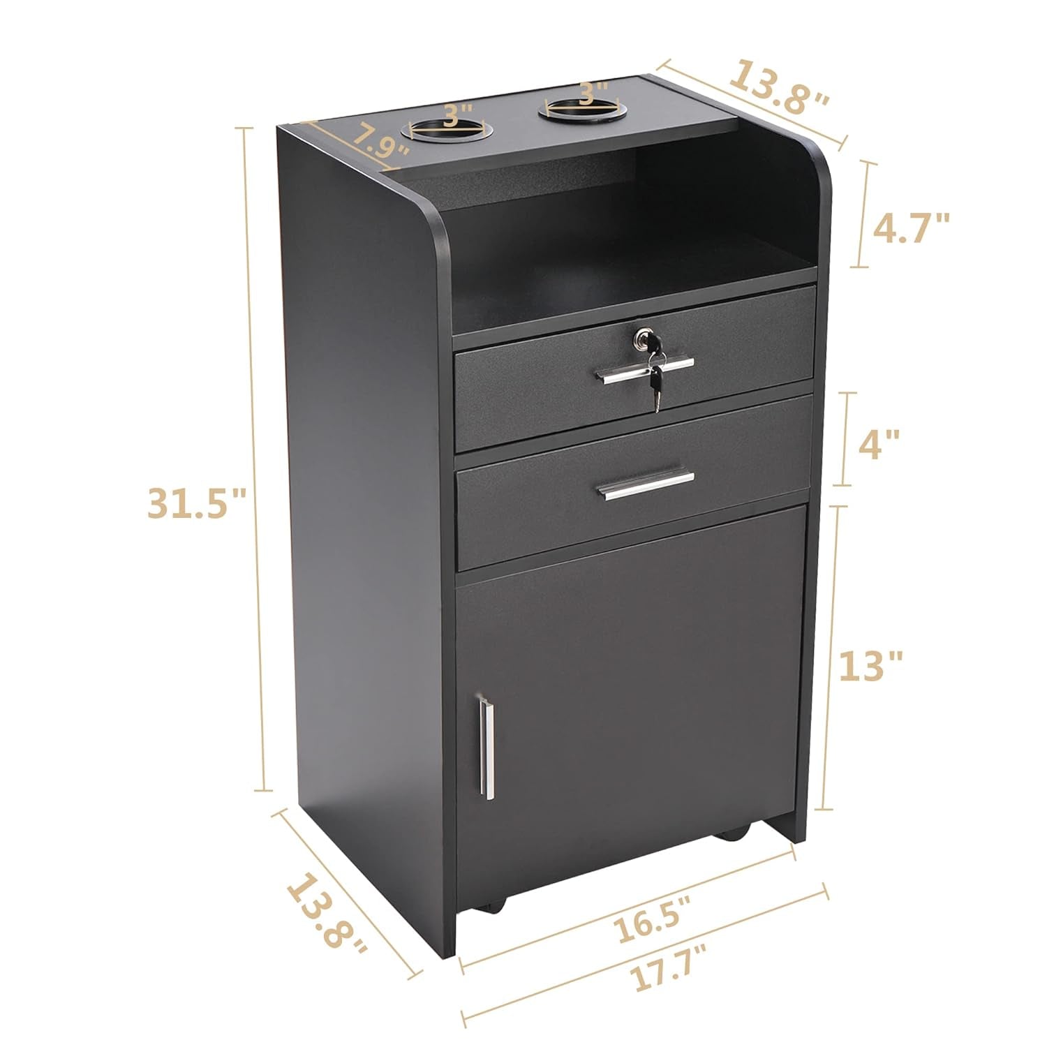 Beauty Salon/Barber Storage Cabinet Station with Locking Drawer and 4 Wheels, Hair Stylist Station with 2 Hair Dryer Holders, Black