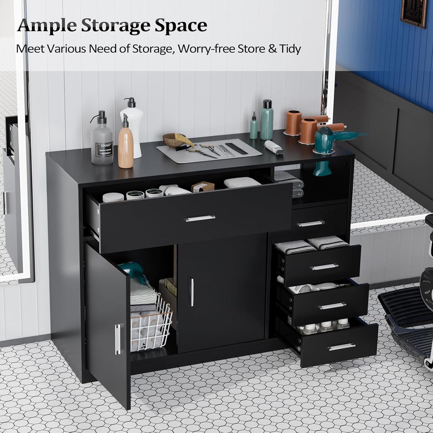 Salon Station Free Standing Cabinet, Barber Hair Styling Stations, Beauty Dresser Spa Bathroom Equipment with 5 Drawers, 1 Storage Cabinet, 3 Hair Dryer Holders, Black