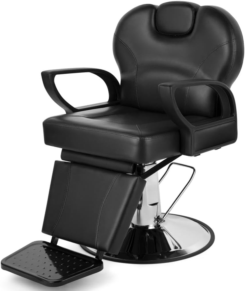 Barber Chair for Salon, Reclining Barber Chair Heavy Duty Adjustable Height & Headrest, Barber Shop Chairs Wide Seat Comfort and Sturdy, Beauty Salon Chair for Hair Stylist for Home Black