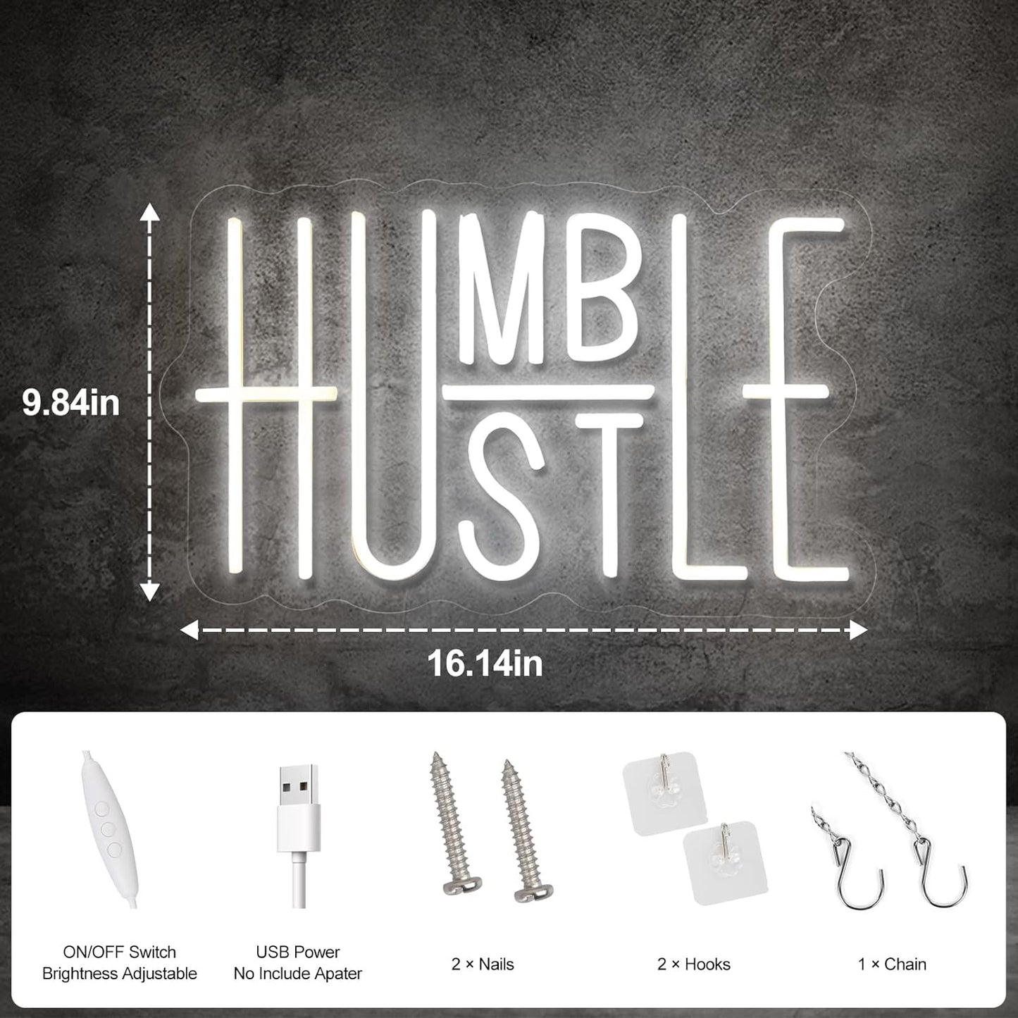 Hustle LED Neon Sign for Wall Decor, Words LED Neon Lights Party Decorations, USB Powered Switch Brightness Adjustable for Office Room, Gym Room, Man Cave, Gamer Room Decor (Hustle (White))