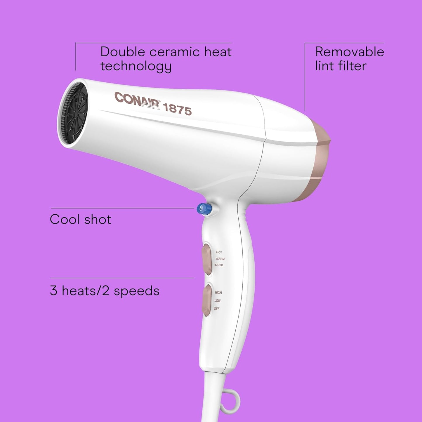 Double Ceramic Hair Dryer, 1875W Blow Dryer with Diffuser and Concentrator, Ionic Conditioning, 3 Heat & 2 Speed Settings, Amazon Exclusive, White