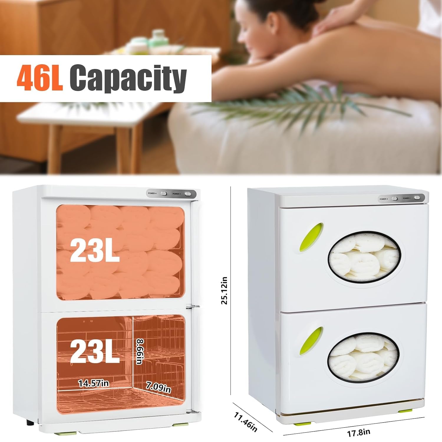 46L Hot Towel Warmer, Large Capacity Spa Towel Warmer with Double Cabinets, Professional Towel Warmer Cabinet with Clip & 4 Racks for Salon, Barber Shop, Massage, Facial