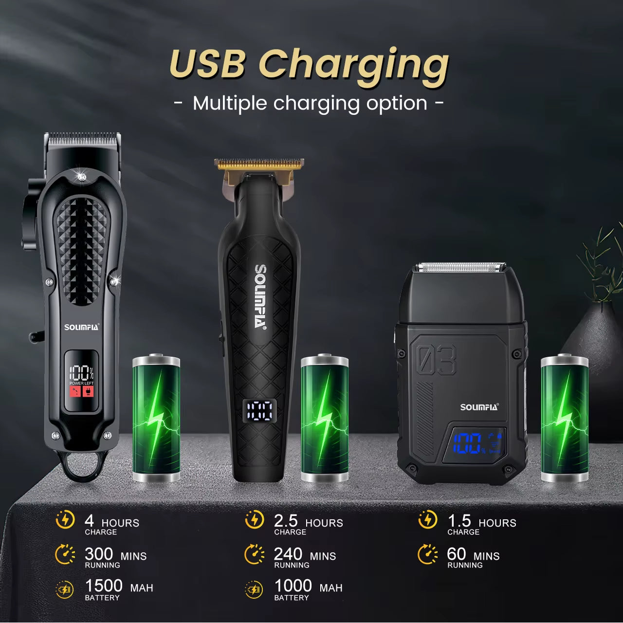 Professional Hair Clipper 3-Piece Set for Men Rechargeable Cordless Barber Clippers for Wet/Dry Hair Cutting