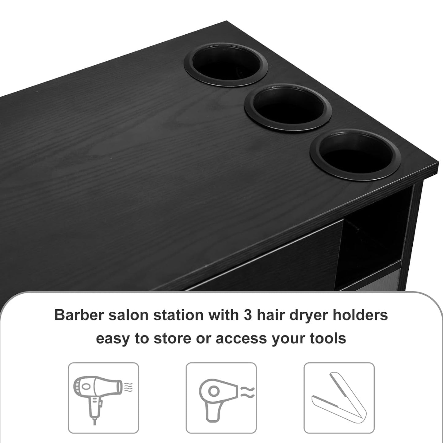 Salon Station for Hair Stylist, Salon Wall Station with Barber Cabinet, Hair Stations Equipment Hair Dryer Holder, Drawers, Wall Mount Barber Beauty Station, Mirror Not Included, Black