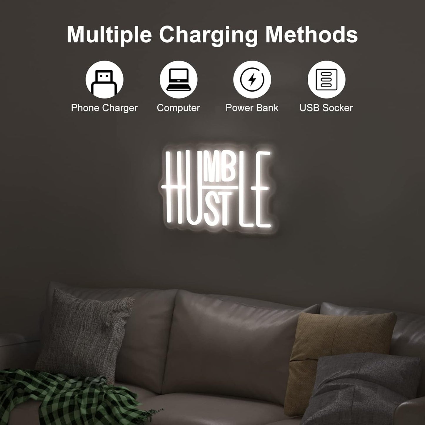Hustle LED Neon Sign for Wall Decor, Words LED Neon Lights Party Decorations, USB Powered Switch Brightness Adjustable for Office Room, Gym Room, Man Cave, Gamer Room Decor (Hustle (White))