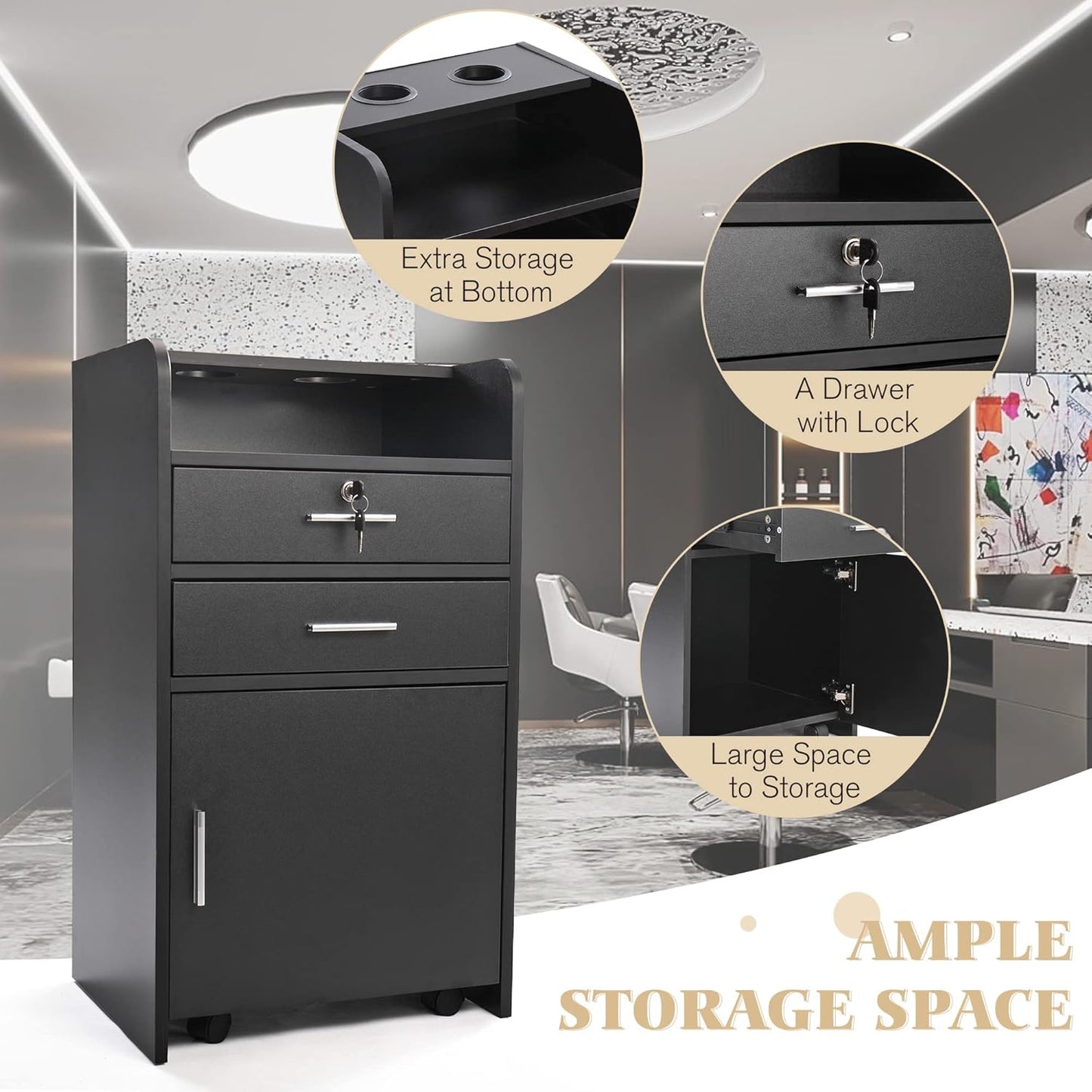 Beauty Salon/Barber Storage Cabinet Station with Locking Drawer and 4 Wheels, Hair Stylist Station with 2 Hair Dryer Holders, Black