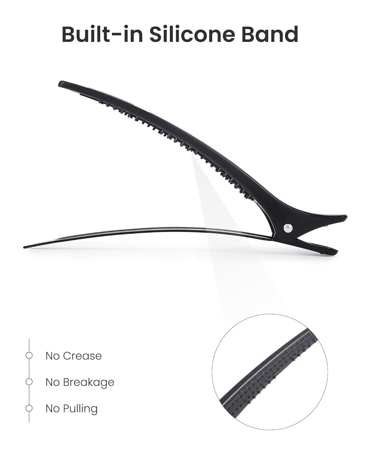 Extended Sectioning Hair Clips W/Built-In Silicone Band, 4.8" No-Crease Non-Slip Hair Styling Clips for Thick, Long Hair – Blow Drying,Hair Rollers, Rust-Free –6 Pack, Black Duckbill Clips