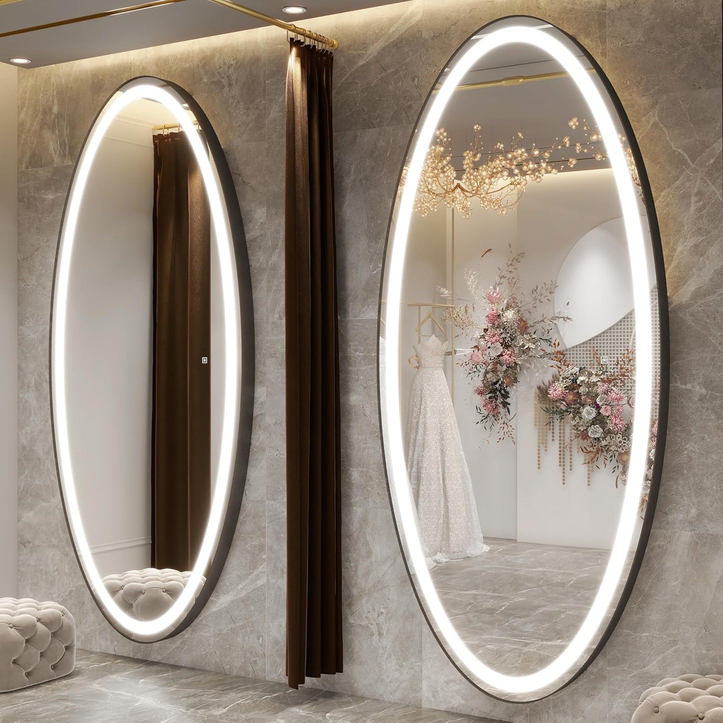 70" X 36" Large Wall Mounted Mirror with LED Lights, Oval Full Length LED Lighted Full Body Dressing Mirror for Bedroom, Salon, Brushed Aluminum Frame, Tempered Glass