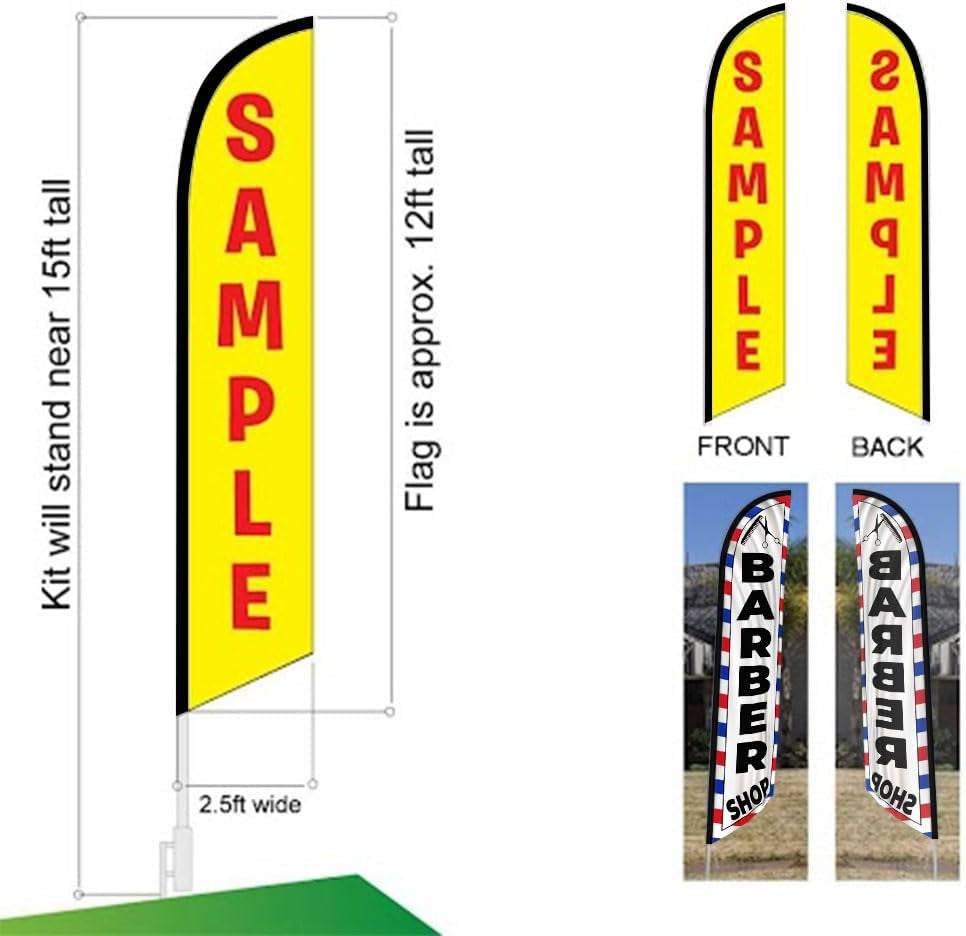 Barber Shop Haircuts 15Ft Feather Banner Swooper Flag Kit - INCLUDES 15FT POLE KIT W/Ground SPIKE