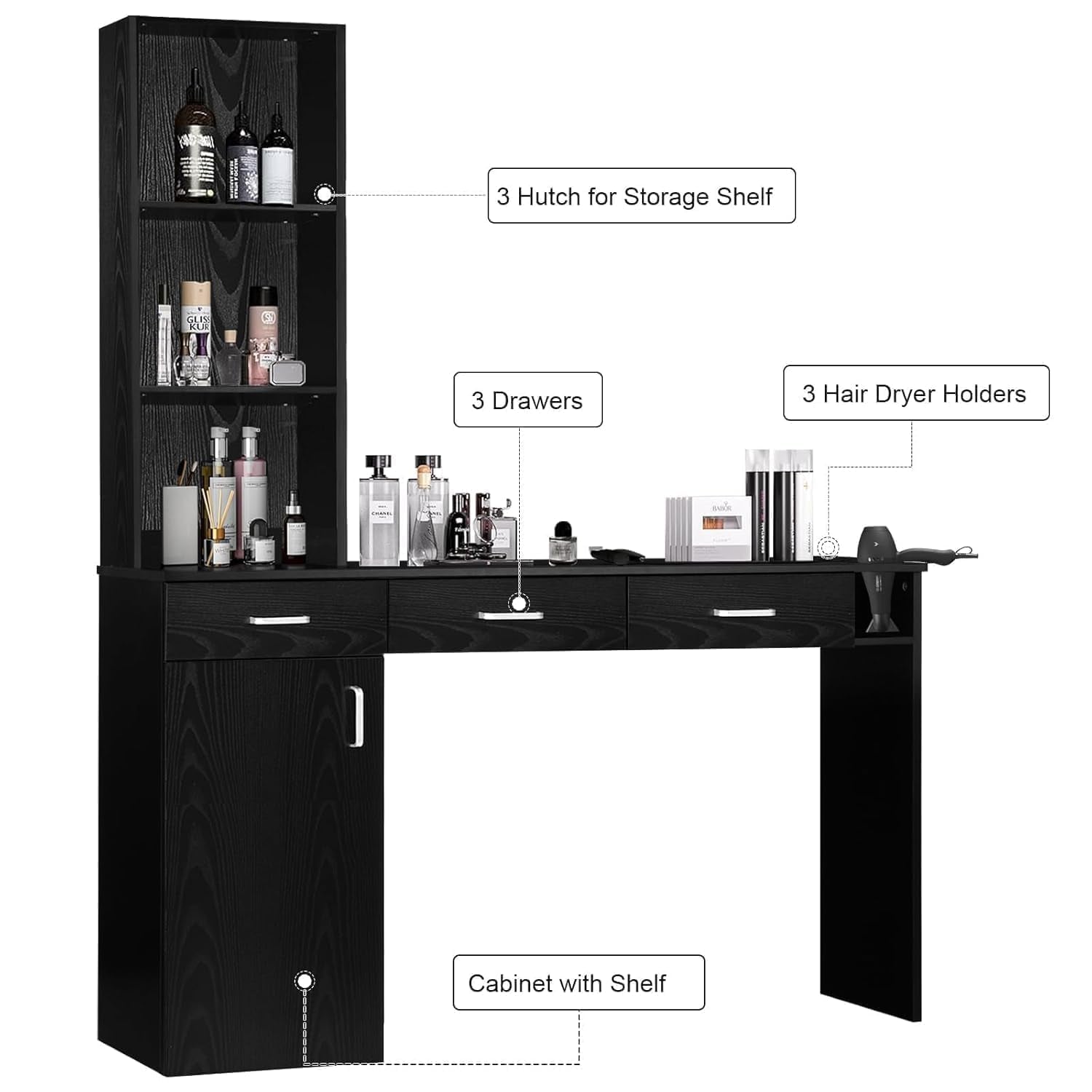 Salon Station for Hair Stylist, Salon Wall Station with Barber Cabinet, Hair Stations Equipment Hair Dryer Holder, Drawers, Wall Mount Barber Beauty Station, Mirror Not Included, Black