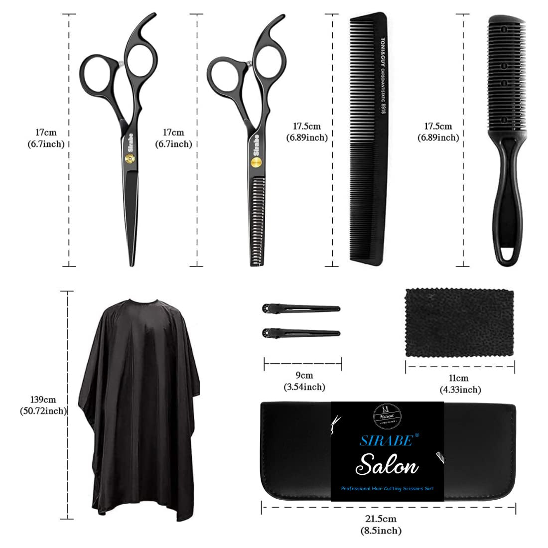 10 PCS Hair Cutting Scissors Set, Professional Haircut Scissors Kit with Cutting Scissors, Thinning Shears, Comb, Cape, Clips, Black Hairdressing Texturizing Shears Set for Barber, Salon, Home