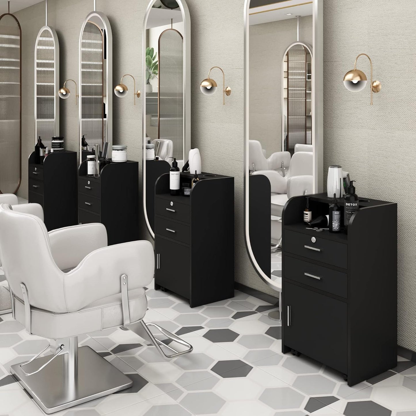 Beauty Salon/Barber Storage Cabinet Station with Locking Drawer and 4 Wheels, Hair Stylist Station with 2 Hair Dryer Holders, Black
