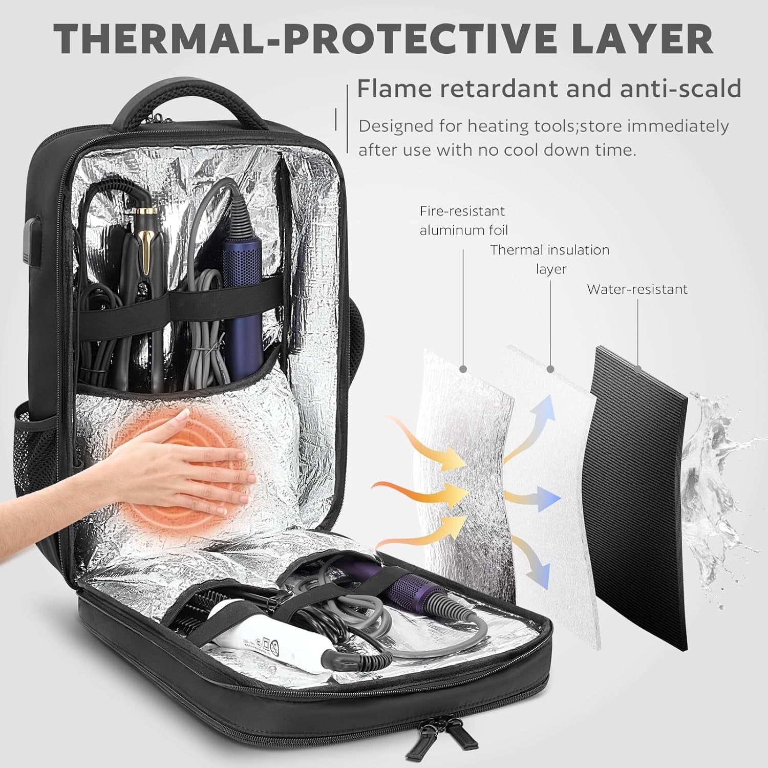 Barber Bag with Insulated Pocket, Portable Backpack for Clippers and Supplies, Travel Hairstylist Smart Bag with USB Charging Port, Water-Resistant, Black