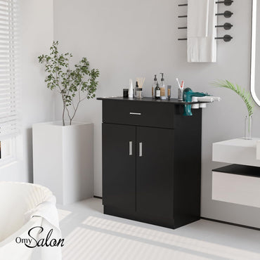 Salon Storage Station, Barber Stations Beauty Salon Spa Equipment, Free Standing Cabinet with 1 Drawers, 1 Storage Cabinet, 6 Hair Dryer Holders for Hair Styling, Black