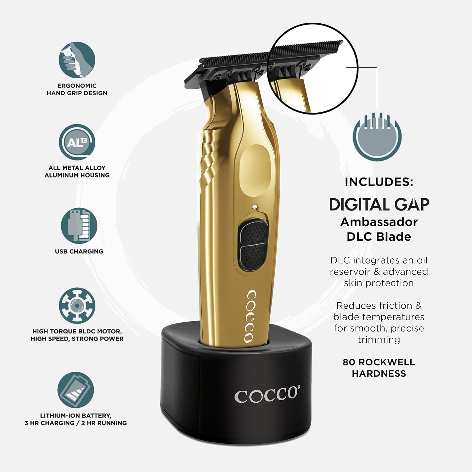 Veloce Pro Trimmer, Digital Gap Ambassador DLC Blade Edger, High-Torque Brushless BLDC Motor, Cordless, All-Metal Design, Lithium-Ion Battery, Charging Base Included,