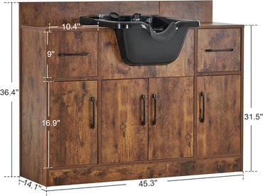 Multi-Functional Shampoo Backwash Sink Station, Beauty Salon Cabinet with Faucet Sprayer, Barber Shop Storage Equipment 45.3" X 14.1'' X 36.4" 7139 (Rust Brown)