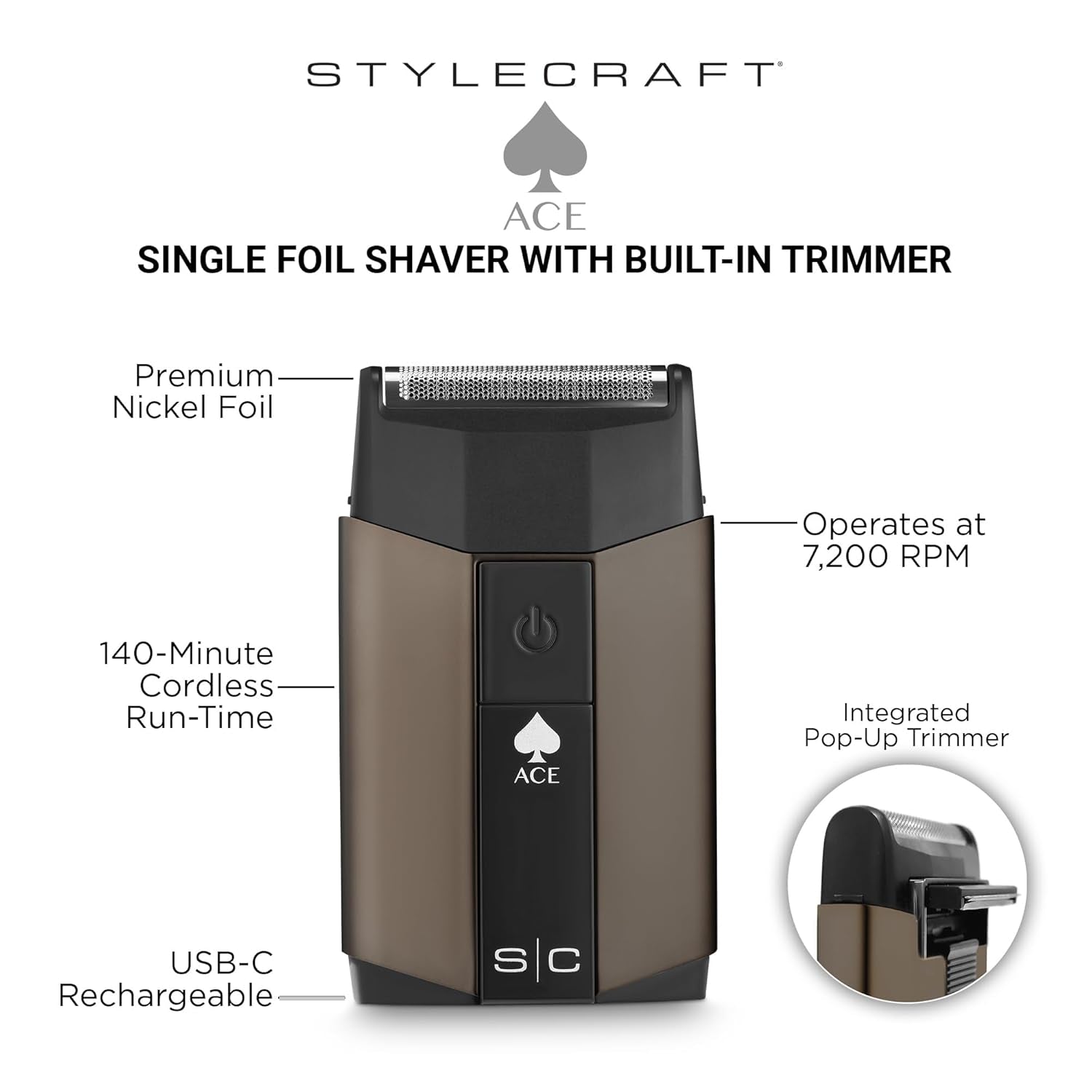 Ace Cordless Hair Clipper for Men, Single Foil Shaver with Integrated Trimmer, USB-C Rechargeable, Lightweight Ergonomic Grip