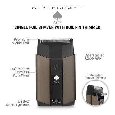 Ace Cordless Hair Clipper for Men, Single Foil Shaver with Integrated Trimmer, USB-C Rechargeable, Lightweight Ergonomic Grip
