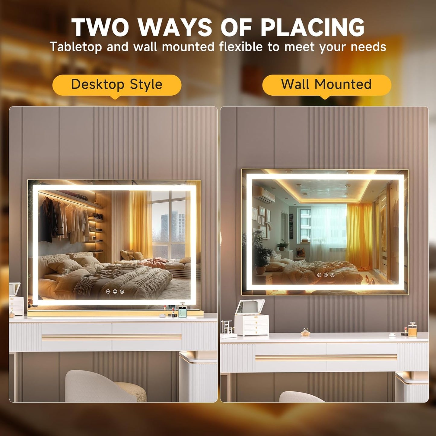 Vanity Mirror with Lights, 32" X 20" LED Makeup Mirror, Lighted Makeup Mirror with Dimmable 3 Modes, Touch Screen Control Vanity Mirror Square Gold