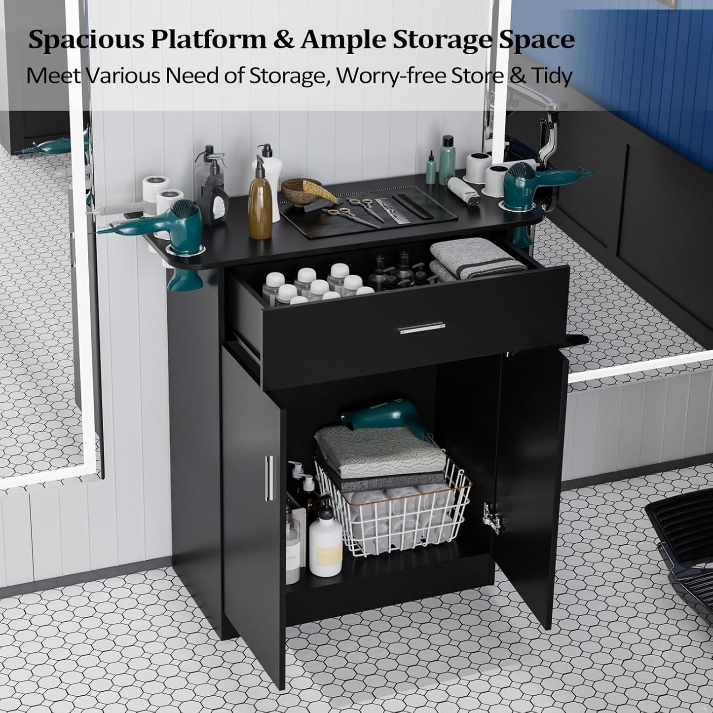 Salon Storage Station, Barber Stations Beauty Salon Spa Equipment, Free Standing Cabinet with 1 Drawers, 1 Storage Cabinet, 6 Hair Dryer Holders for Hair Styling, Black