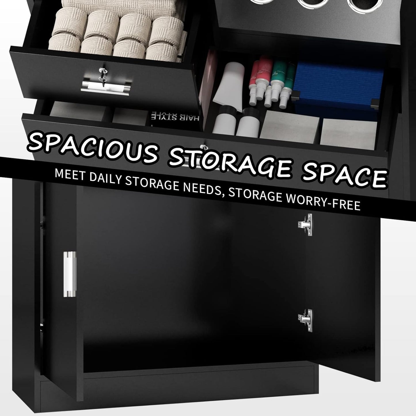 Salon Storage Cabinet with Lock, Beauty Barber Salon Styling Station Organizer Equipment,Hair Stylist Station with 5 Hair Dryer Holders,Two Drawers,One Cabinet