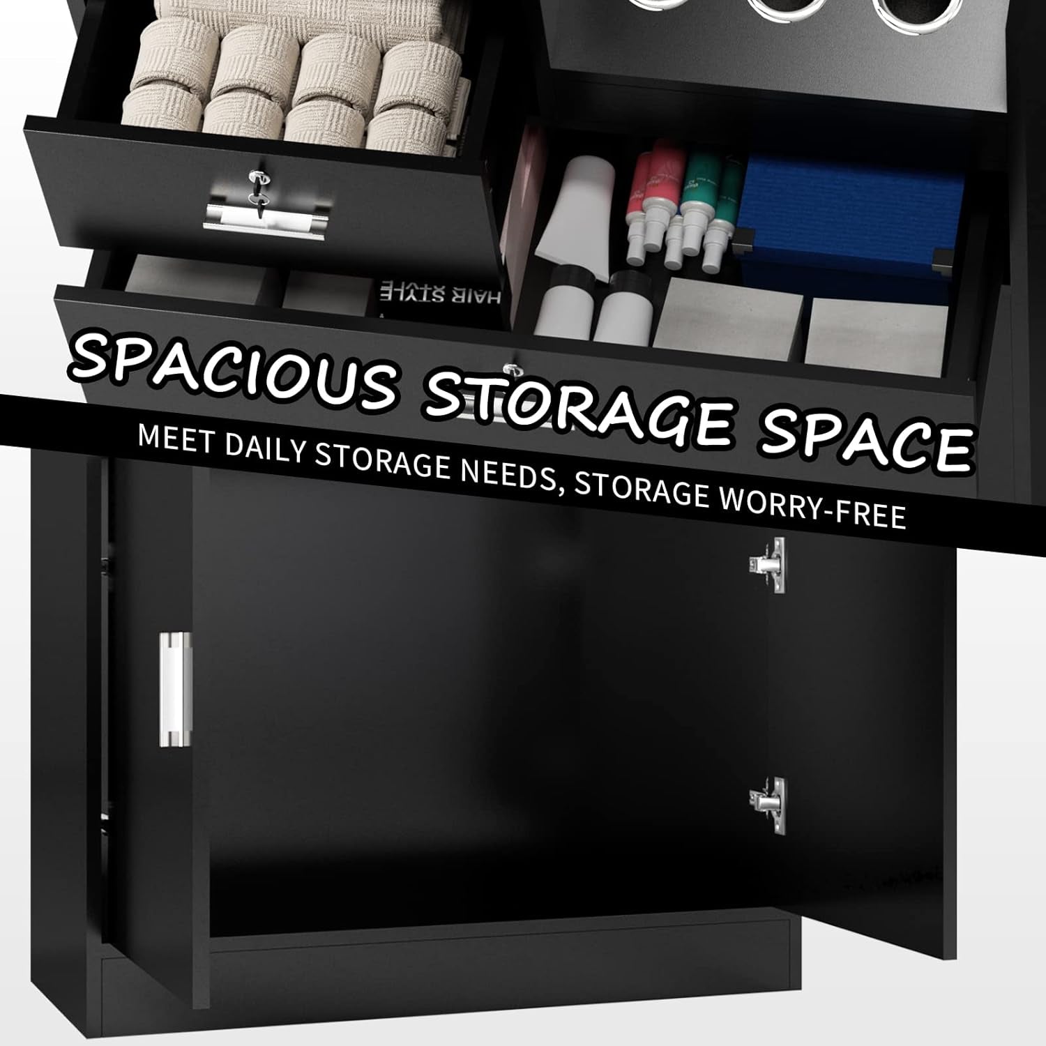 Salon Storage Cabinet with Lock, Beauty Barber Salon Styling Station Organizer Equipment,Hair Stylist Station with 5 Hair Dryer Holders,Two Drawers,One Cabinet