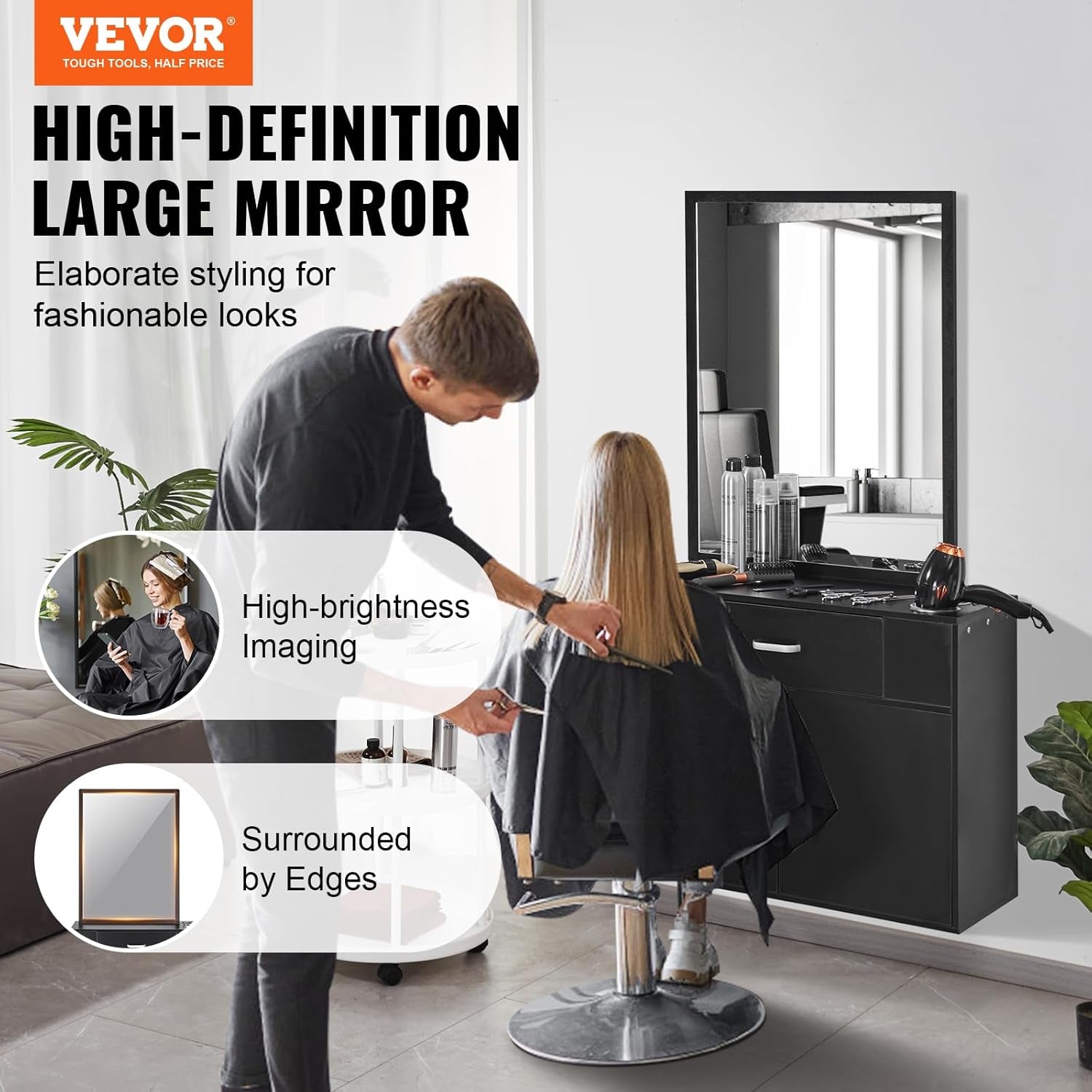 Salon Storage Cabinet, Wall Mounted Barber Salon Station for Hair Stylist, Hair Stylist Station Set, with 3 Sleeves, a Mirror, Double-Door Cabinet, and a Drawer, Black