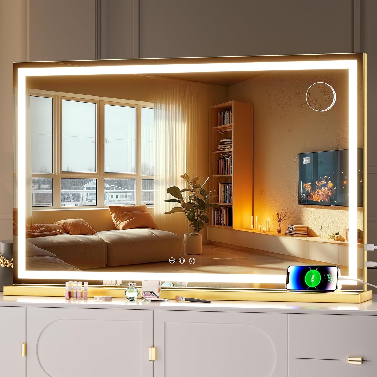 Vanity Mirror with Lights, 32" X 20" LED Makeup Mirror, Lighted Makeup Mirror with Dimmable 3 Modes, Touch Screen Control Vanity Mirror Square Gold
