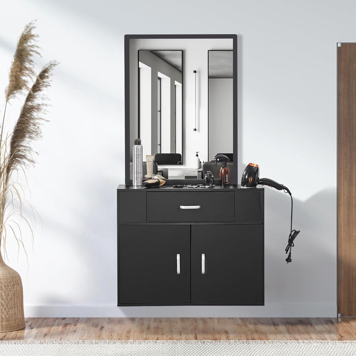 Salon Storage Cabinet, Wall Mounted Barber Salon Station for Hair Stylist, Hair Stylist Station Set, with 3 Sleeves, a Mirror, Double-Door Cabinet, and a Drawer, Black
