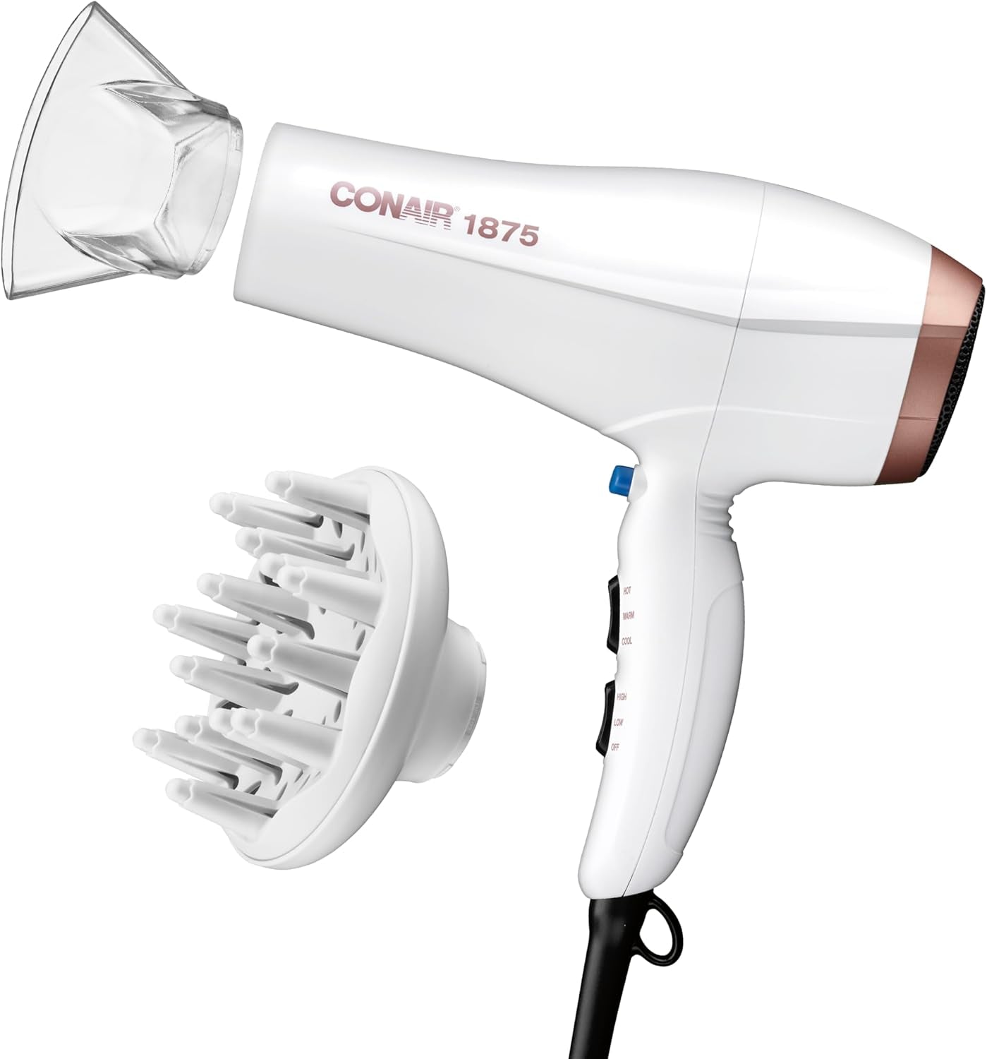 Double Ceramic Hair Dryer, 1875W Blow Dryer with Diffuser and Concentrator, Ionic Conditioning, 3 Heat & 2 Speed Settings, Amazon Exclusive, White