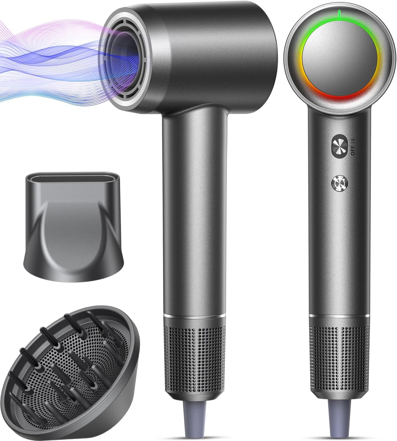 Hair Dryer - 1 Min Fast Drying, High-Speed Blow Dryer with 500 Million Negative Ions, No Heat Damage, Low Noise, Lightweight, Professional Hairdryer with Diffuser & Nozzle, Gunmetal