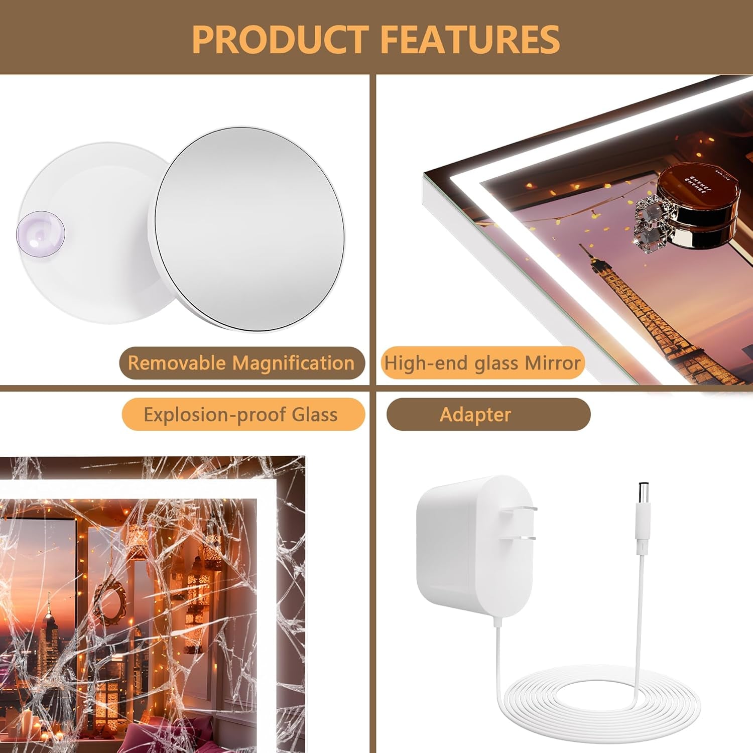 Vanity Mirror with Lights, 42" X 30" LED Makeup Mirror, Lighted Makeup Mirror with Dimmable 3 Modes, Touch Screen Control Vanity Mirror Square White