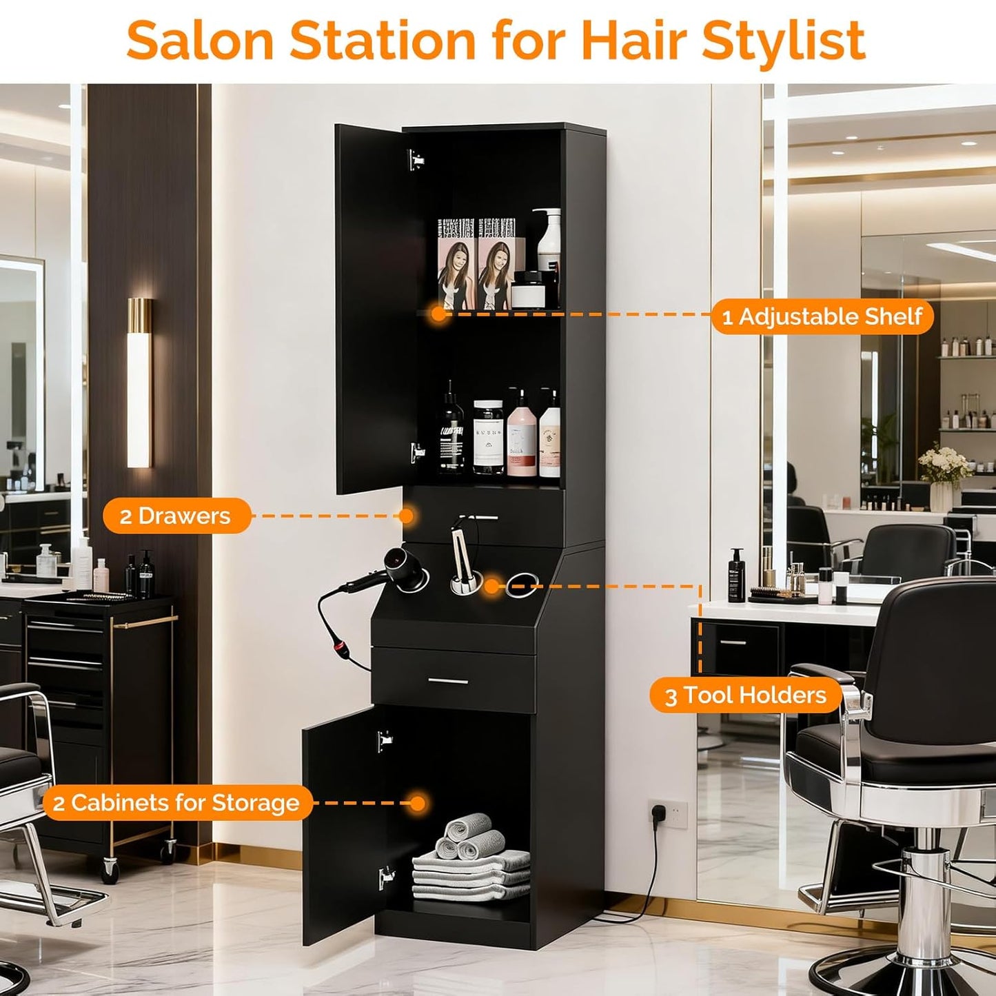Salon Station, Barber Stations with 2-Tier Storage Shelf with Door, Hair Styling Storage Cabinet with 2 Drawer, a Large Storage Cabinet & 3 Hot Tool Holders, Black