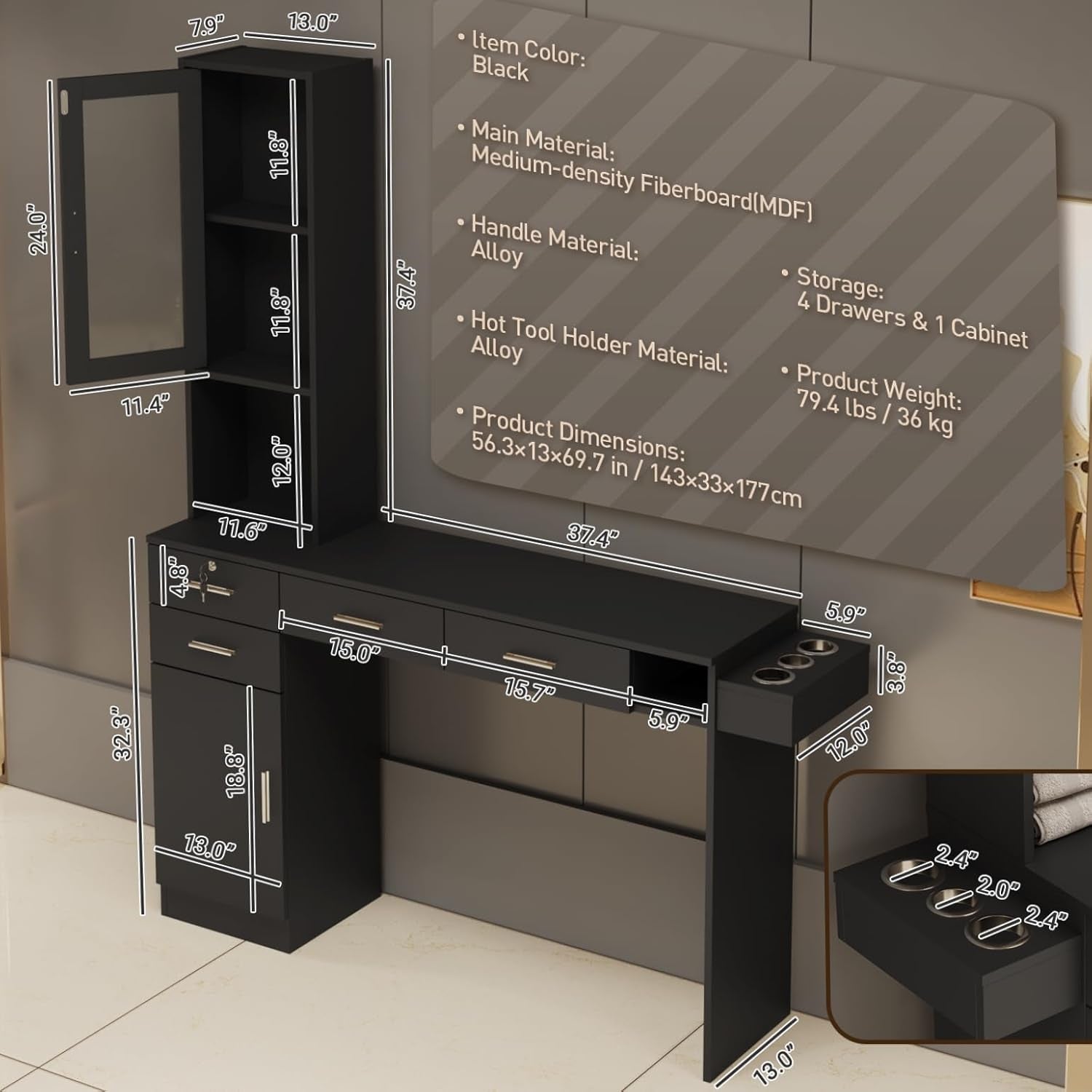 Salon Station for Hair Styling, Wall Mount Barber Salon Cabinet with 3 Hair Dryer Holders, Drawers & Shelves, Beauty Spa Storage Equipment Salon Furniture without Mirror, Black