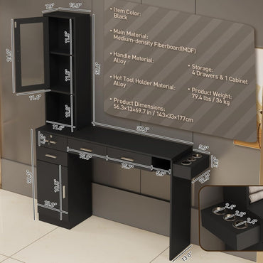 Salon Station for Hair Styling, Wall Mount Barber Salon Cabinet with 3 Hair Dryer Holders, Drawers & Shelves, Beauty Spa Storage Equipment Salon Furniture without Mirror, Black
