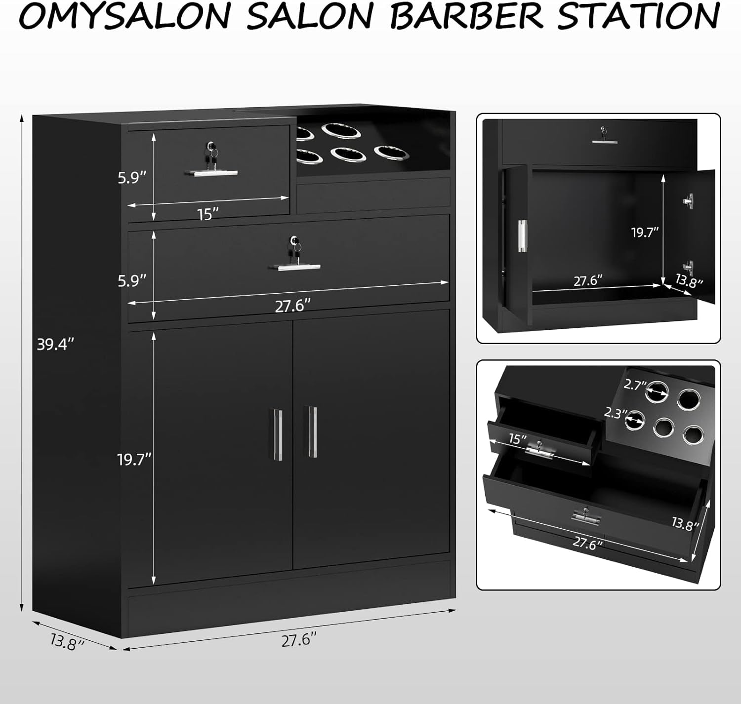 Salon Storage Cabinet with Lock, Beauty Barber Salon Styling Station Organizer Equipment,Hair Stylist Station with 5 Hair Dryer Holders,Two Drawers,One Cabinet