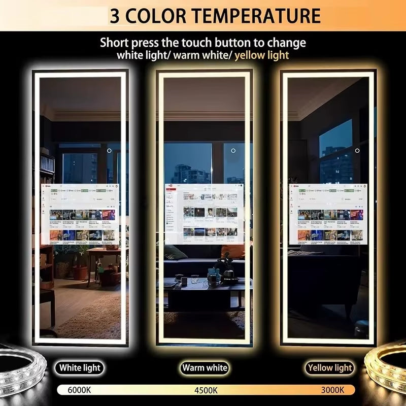 Vertical Smart Mirror Touch Screen Bathroom Vanity Waterproof Tempered Glass Rectangle Mirror with Apps LED Lighting Makeup