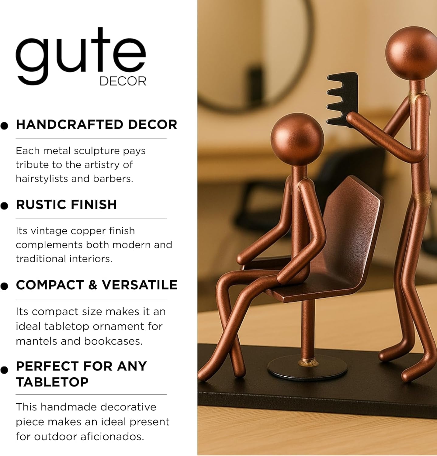 Hairdresser Craft Handmade Figurine – 4.25" L X 4.25" H – Recycled Metal Sculpture & Hand Welded Bronze Finish Art Gift – Barber Shop Decor, Salon Desk Accessories & Hairstylist Appreciation Gifts