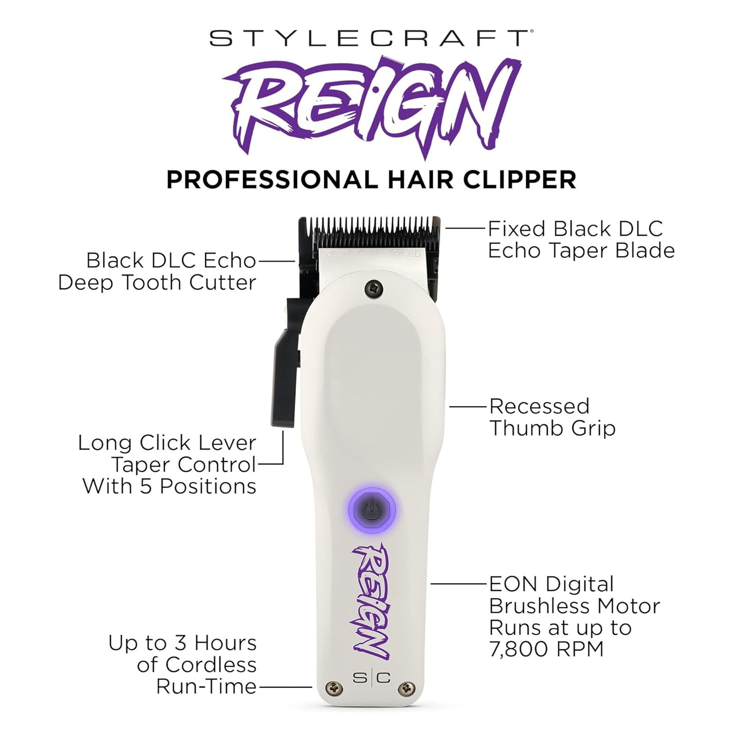 Reign Professional Hair Clipper, Hair Trimmer with Brushless Motor, USB-C Rechargeable, Designed by Barbers for Precision Beard and Hair Grooming